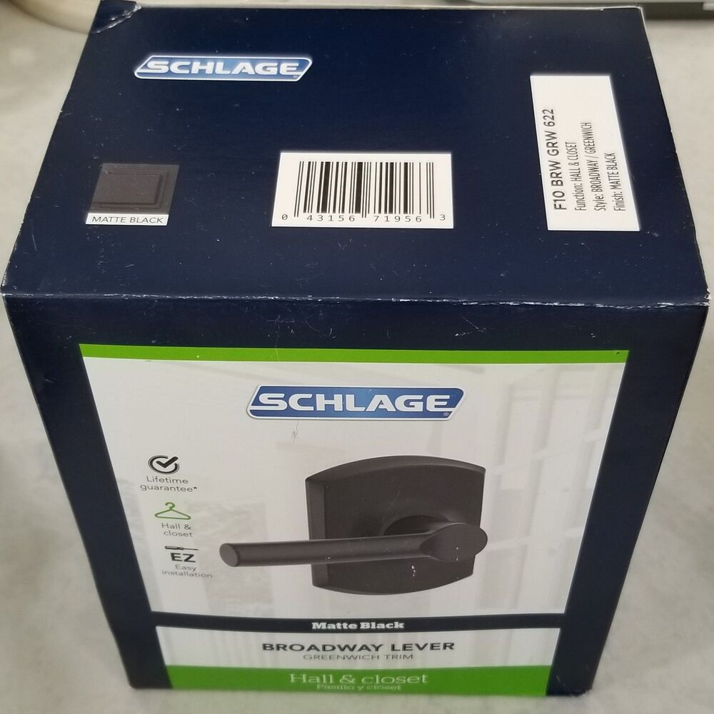 Schlage Broadway Lever with Greenwich Trim Matte Black model F10 BRW 622 GRW